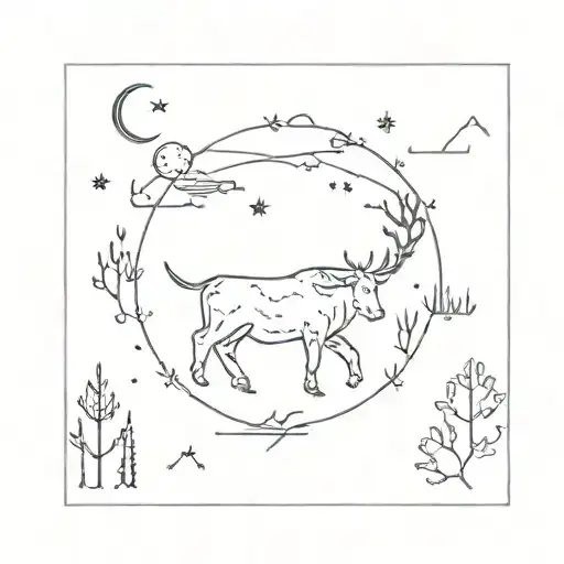 A minimalist design of a Taurus constellation surrounded by various elements of nature like trees, mountains, and rivers tattoo design idea