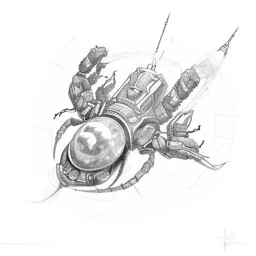 A detailed sketch of a Scorpio transforming into a time-traveling spaceship tattoo design idea
