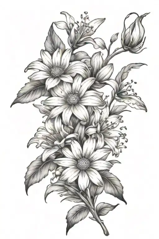 daisy, lily, hawthorn, and sweet pea flowers  tattoo design idea