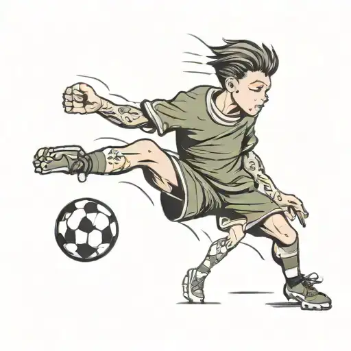 a boy on a soccer field with two hands fist pumping  tattoo design idea