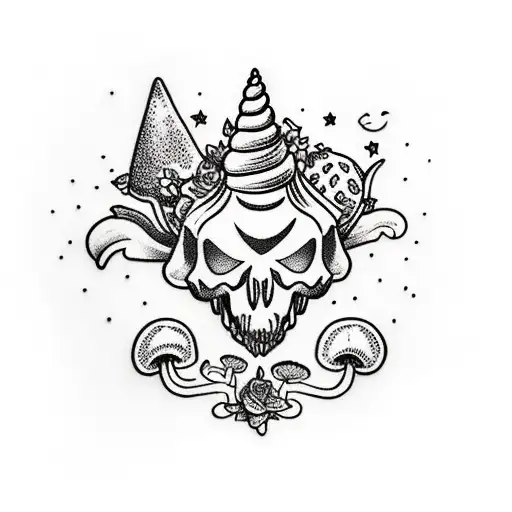 unicorn skull growing strawberries and mushrooms tattoo design idea