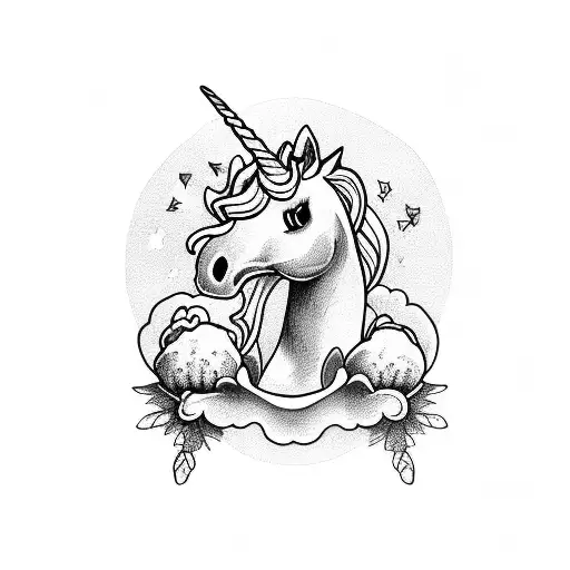 unicorn skull growing strawberries and mushrooms tattoo design idea