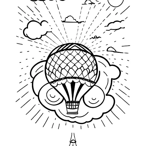 A minimalist tattoo of a colorful hot air balloon floating peacefully in the sky, representing the adventurous and free-spirited hippie life. tattoo design idea