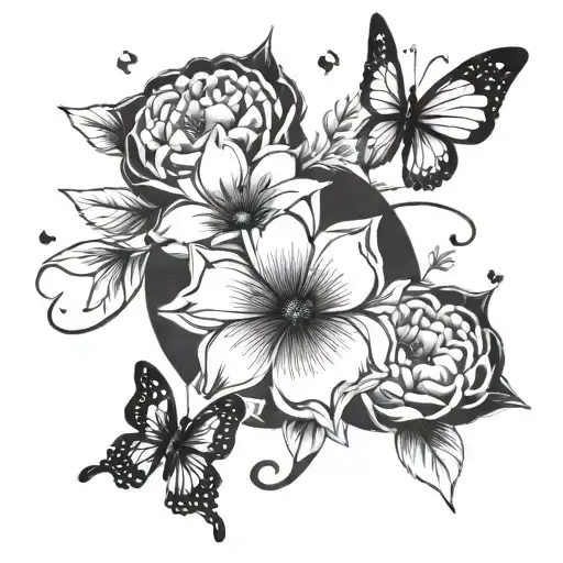 A design featuring your mom and dad's birth flowers (August and October) intertwined with delicate butterflies, symbolizing your special bond with your mom. The composition should be on your left shoulder. tattoo design idea