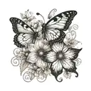 An intricate tattoo featuring your mom and dad's birth flowers (August and October) intertwined with delicate butterflies. The flowers can be the focal point, with the butterflies fluttering around them in a dynamic composition. tattoo design idea