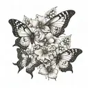 An intricate tattoo featuring your mom and dad's birth flowers (August and October) intertwined with delicate butterflies. The flowers can be the focal point, with the butterflies fluttering around them in a dynamic composition. tattoo design idea
