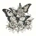 An intricate tattoo featuring your mom and dad's birth flowers (August and October) intertwined with delicate butterflies. The flowers can be the focal point, with the butterflies fluttering around them in a dynamic composition. tattoo design idea