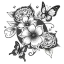 A design featuring your mom and dad's birth flowers (August and October) intertwined with delicate butterflies, symbolizing your special bond with your mom. The composition should be on your left shoulder. tattoo design idea