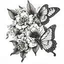 A design featuring your mom and dad's birth flowers (August and October) intertwined with delicate butterflies, symbolizing your special bond with your mom. The composition should be on your left shoulder. tattoo design idea