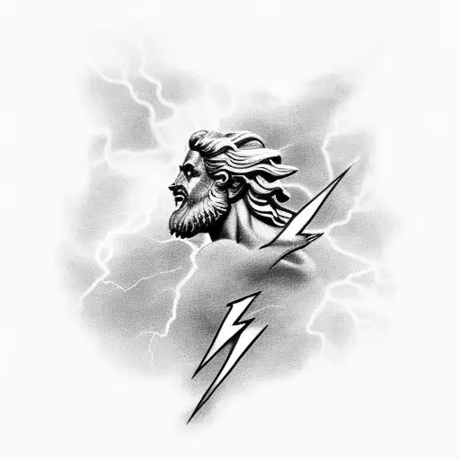A majestic black and grey tattoo of Zeus holding a lightning bolt, surrounded by Greek and Roman mythology symbols. tattoo design idea