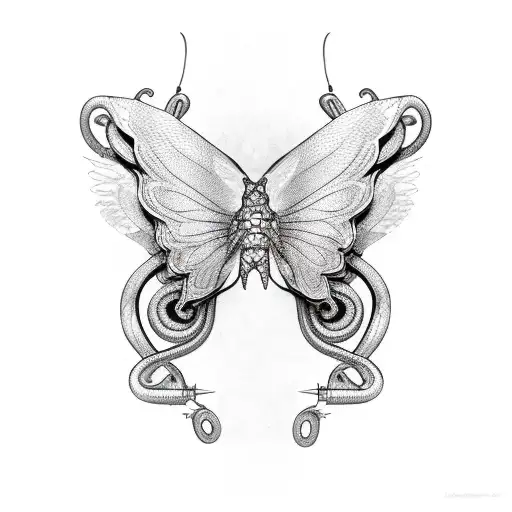 A machined snake coiled around a microphone with butterfly wings tattoo design idea