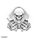 Grinning Skeleton smoking while standing on a tank firing a gatling gun tattoo design idea