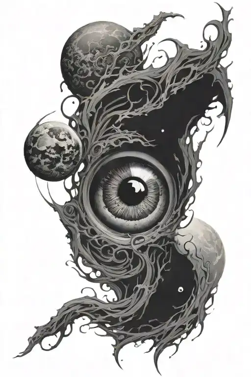 eyes looking at the abyss with a planet in the center with a word eternity for oneself  tattoo design idea