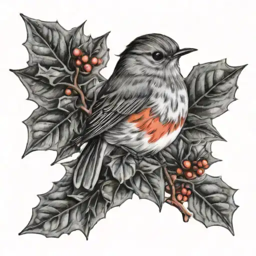 black and grey photo realistic red breasted robin on a holly leaf tattoo design idea