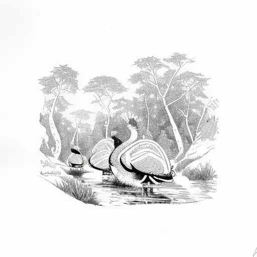 A group of turkeys camouflaged in a dense forest with a river in the background tattoo design idea