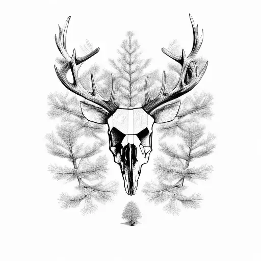 A deer skull adorned with intricate pine tree branches and surrounded by flowing rivers tattoo design idea