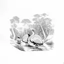 A group of turkeys camouflaged in a dense forest with a river in the background tattoo design idea