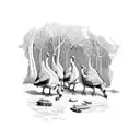A group of turkeys camouflaged in a dense forest with a river in the background tattoo design idea