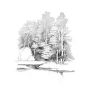 A group of turkeys camouflaged in a dense forest with a river in the background tattoo design idea