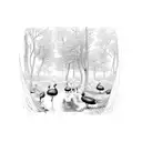 A group of turkeys camouflaged in a dense forest with a river in the background tattoo design idea