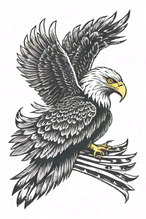 a bald eagle with the stripes of an American flag as the feathers with Indian style spears crossed like a an x behind tattoo design idea