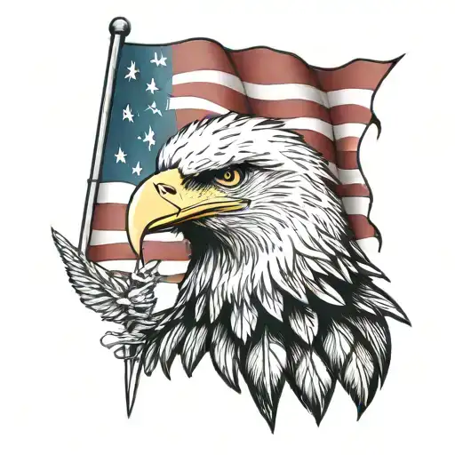 a bald eagle with the stripes of an American flag as the feathers with Indian style spears crossed like a an x behind tattoo design idea