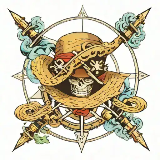 One Piece compass rose with a straw hat holding tattoo design idea