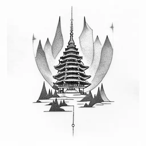 A dotwork tattoo of a pagoda nestled among lush mountains, with a tranquil waterfall cascading down into a serene pond tattoo design idea