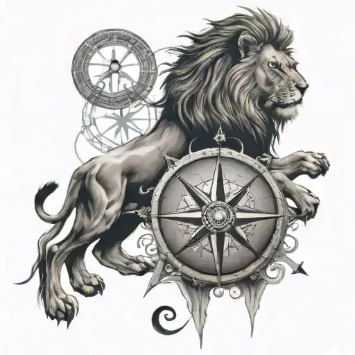 lion and compass tattoo design idea