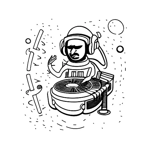 A cosmic DJ mixing music on a black hole turntable tattoo design idea