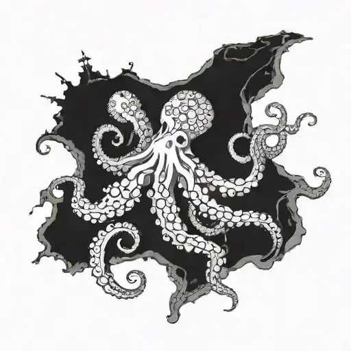 A map of the ocean floor with an octopus swimming gracefully among shipwrecks and coral reefs tattoo design idea