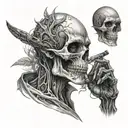 full sleeve tatto skull, alien , smoking weed , tattoo design idea