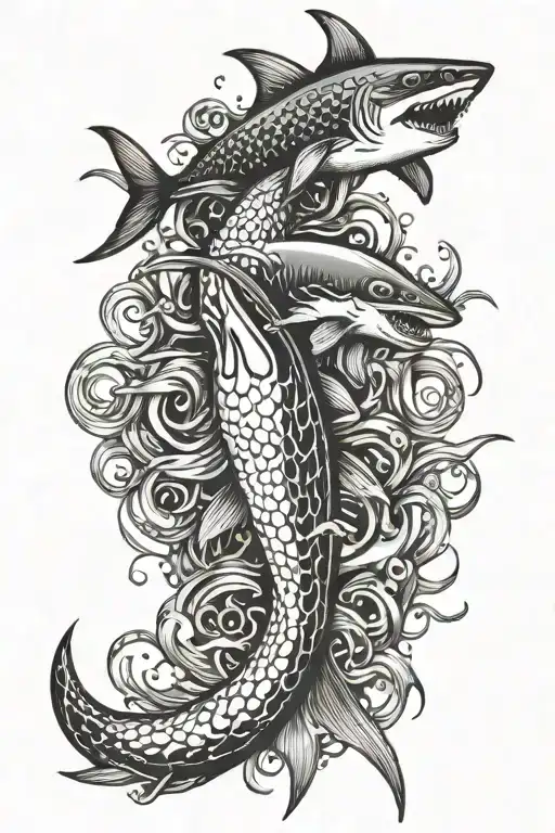 squid vs shark surrounded tattoo design idea