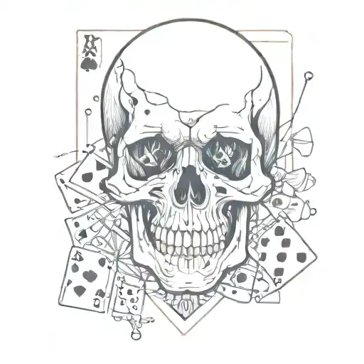 A minimalist design of a skull with playing cards and dice incorporated into the design tattoo design idea