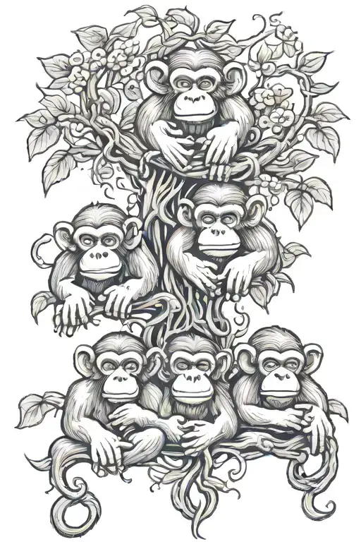 three wise monkeys, hanging from vine, tattoo   tattoo design idea