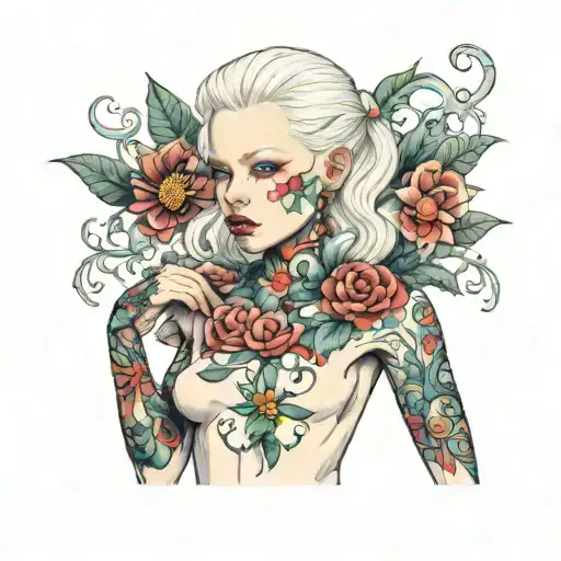 albino girl with colorfully tattooed torso tattoo design idea