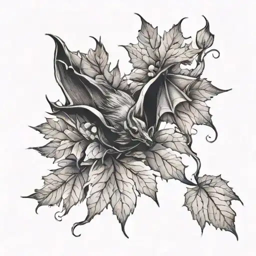 a bat with wine leaves in autumn leaves blowing tattoo design idea
