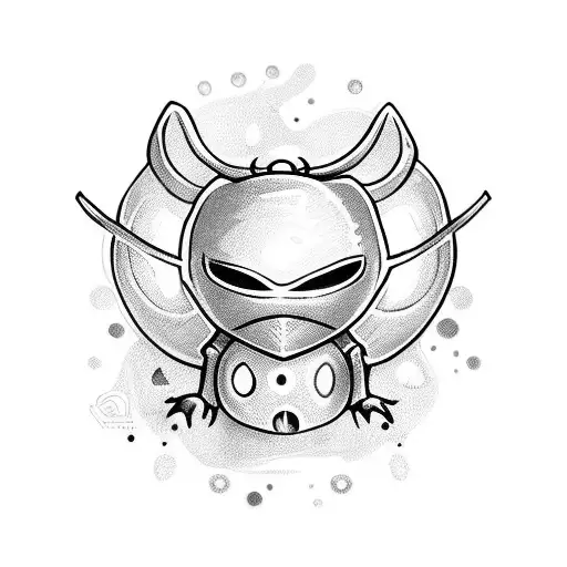main character of the game "Hollow Knight" ink style with high contrast and graphic ornaments used in the game tattoo design idea