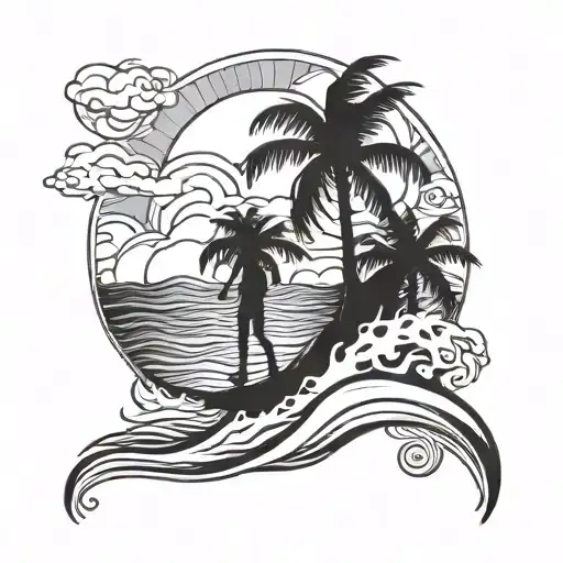 wave sun palm tree couple travel jogging tattoo design idea
