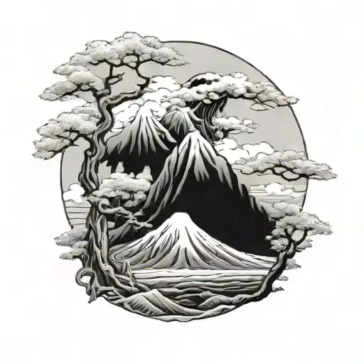 Samurai ronin full body facing mountain fuji  tattoo design idea