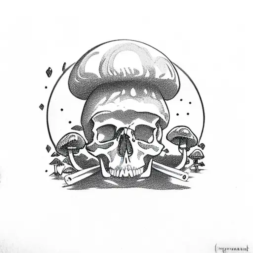skull with mushrooms and smoke tattoo design idea