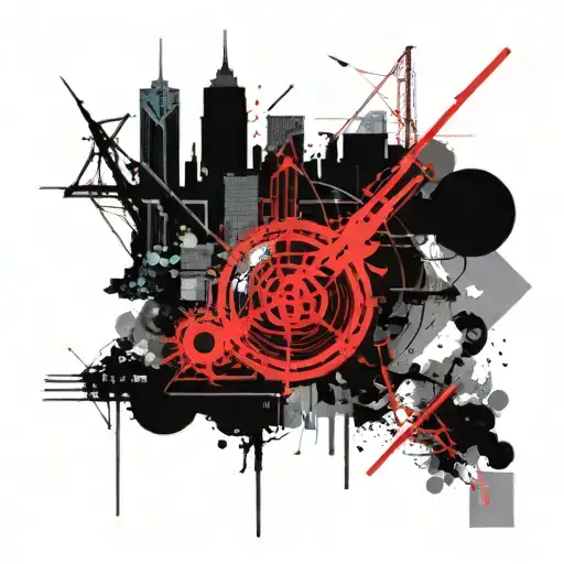 A futuristic cityscape with neural network connections intertwined throughout tattoo design idea
