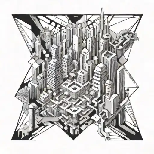 A futuristic cityscape with neural network connections intertwined throughout tattoo design idea