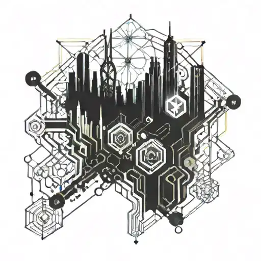 A futuristic cityscape with neural network connections intertwined throughout tattoo design idea