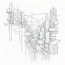 A futuristic cityscape with neural network connections intertwined throughout tattoo design idea