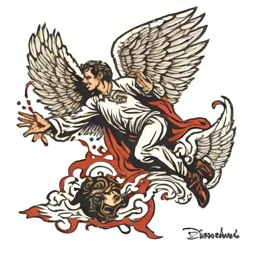 angel falling in an upside down position, with bloody wings and blood all over his body, and the quote "Descensus avern. tattoo design idea