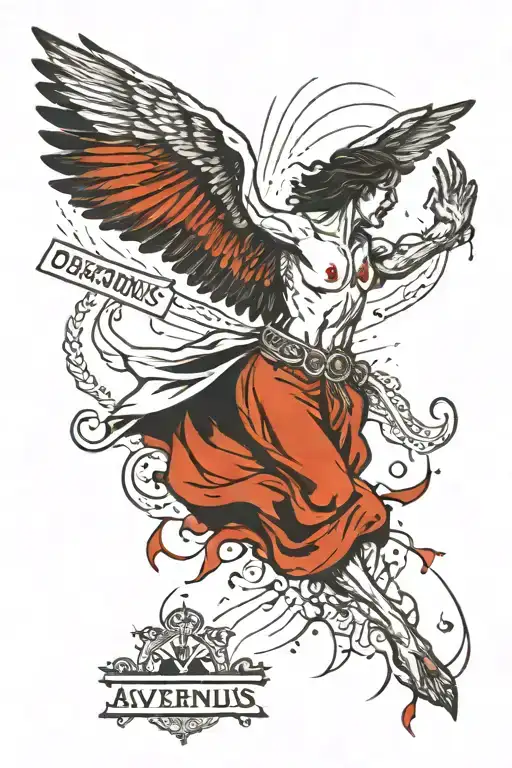 upside down falling angel with bloody wings, runes in his body, and the quote "descensus avernus facilist est"  tattoo design idea