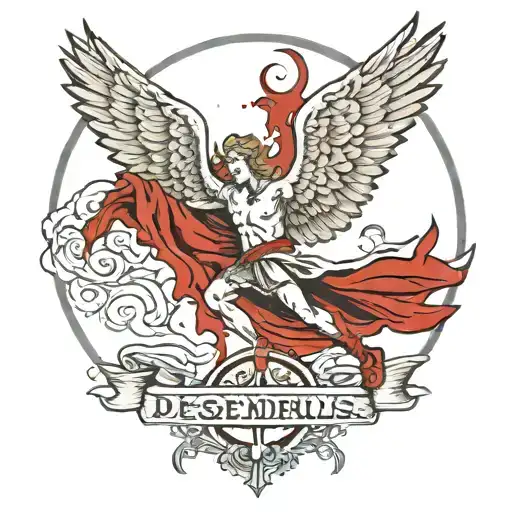 Falling lucifer angel with wings and blood, with runes in the wings and the quote "Descensus avernus facilist est" tattoo design idea