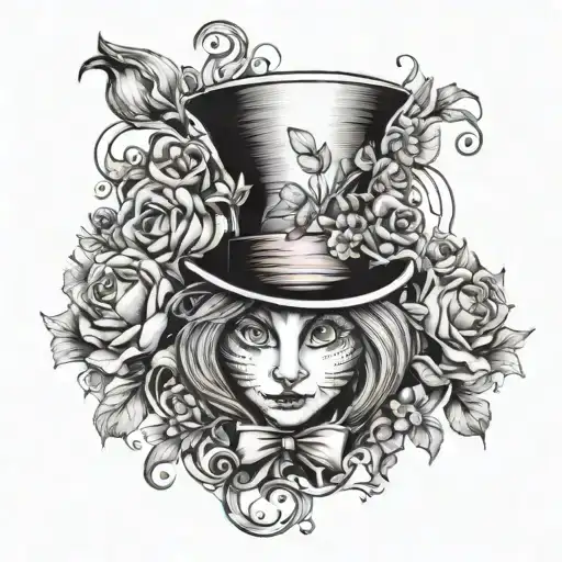 alice in wonderland theme with flowers tattoo design idea