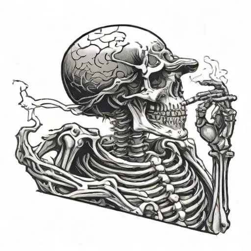 Skeleton smoking a cigarette out a window tattoo design idea